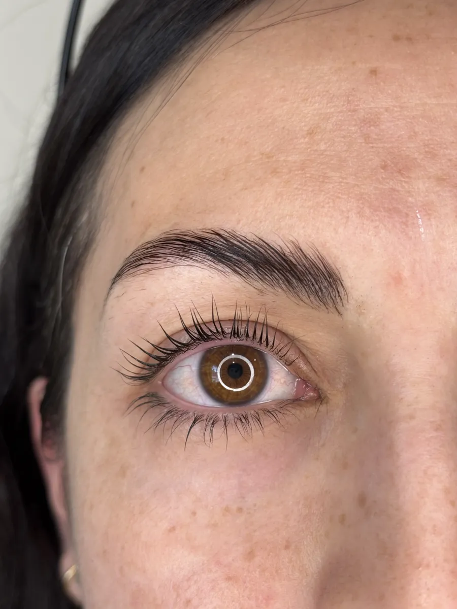 Natural lashes after a lash lift and tint, curled upward around a brown eye